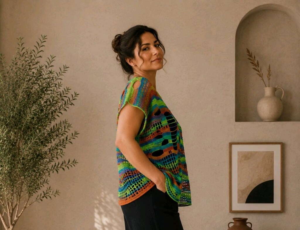 XL-2XL Renkli Bohem Ajurlu Oversize File Örgülü Triko Bluz Panço Kadın - 3