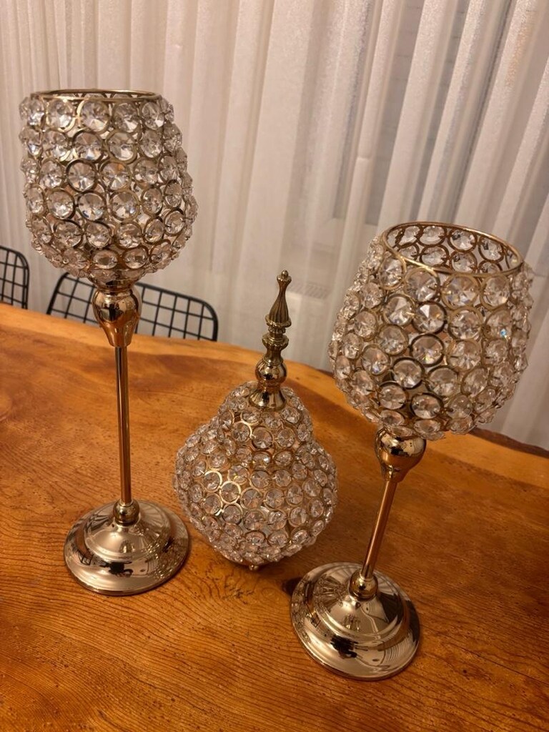 Kristal taş gold renk üçlü mumluk - 2