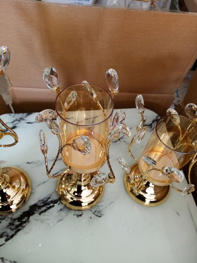 Gold 3 lü şamdan dekoratif taşlarla süslü - 4