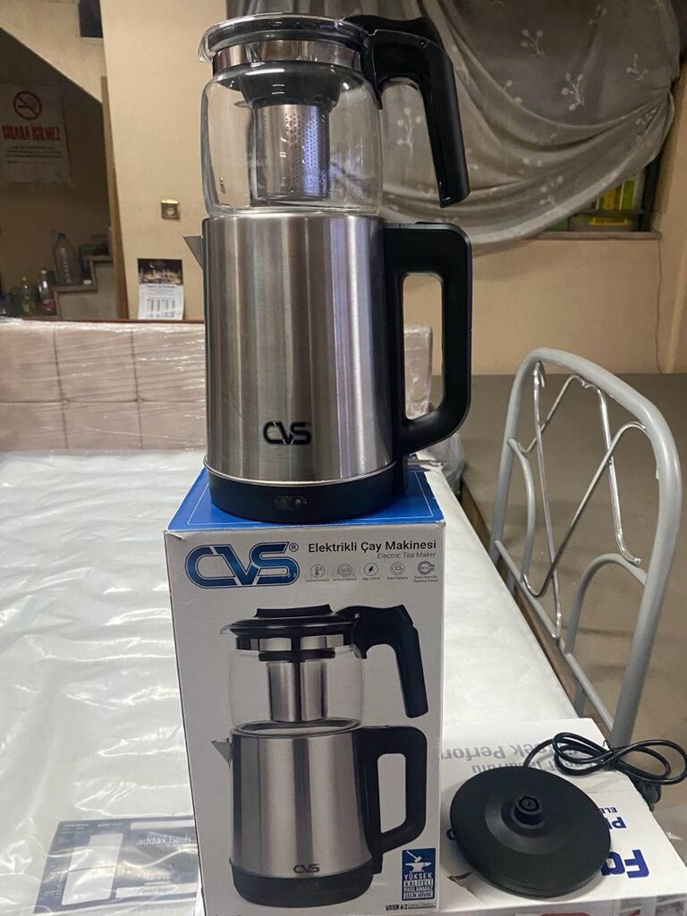 SIFIR. CVS ÇAY MAKİNESİ.CAM DEMLİK 1.2 LT PASLANMAZ ÇELİK GÖVDE 1.8 LT - 3