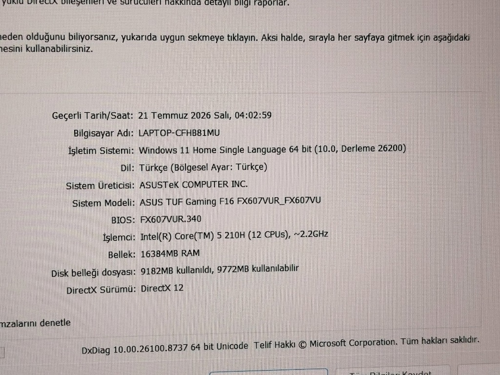 18 AY GARANTİLİ ASUS TUF F16. İNTEL CORE 5 210H 16GB DDR5 RTX 4050 6GB - 5