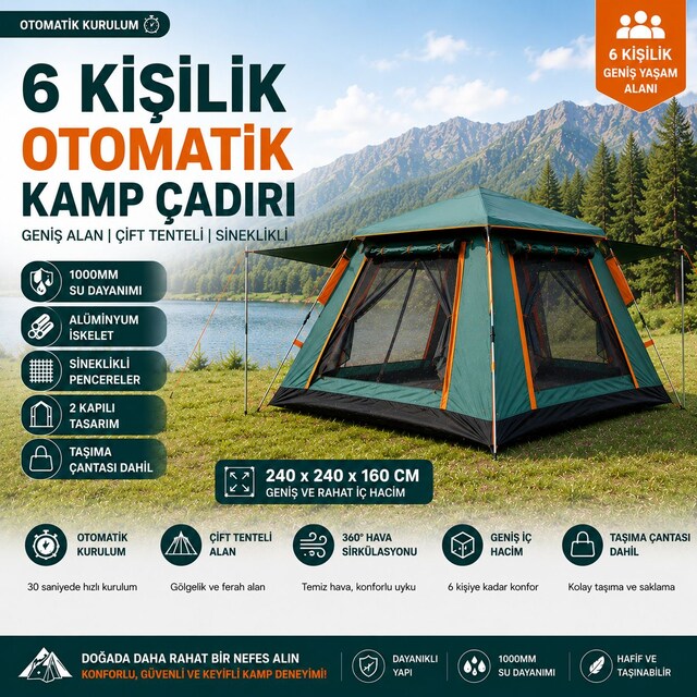 6 Kişilik Otomatik Açılır Kamp Çift Tenteli Sineklikli Çadırı