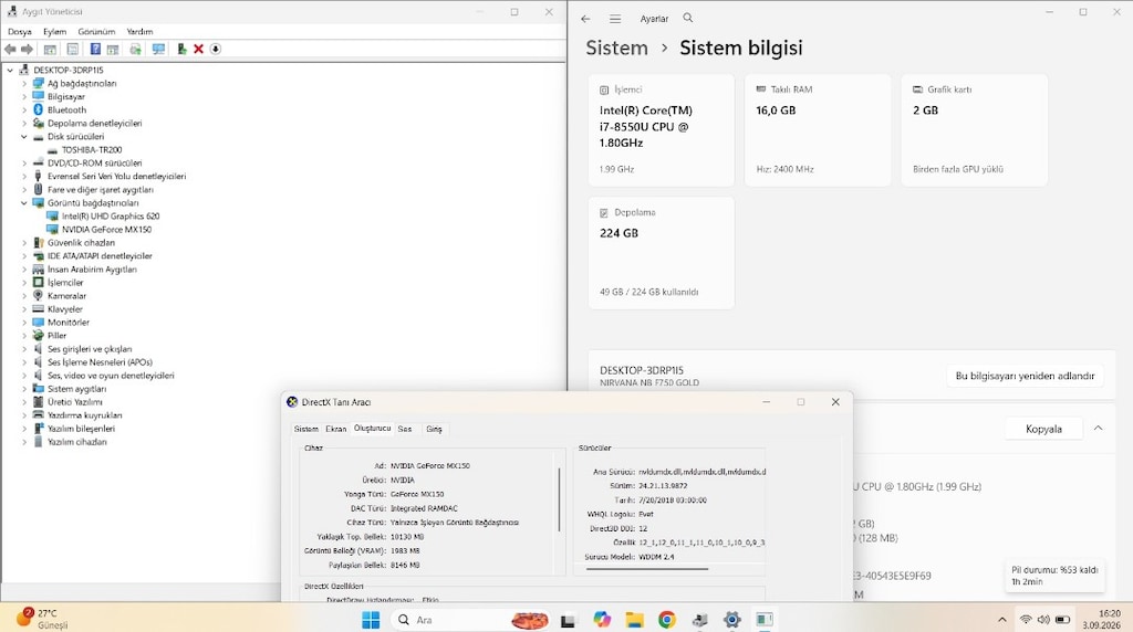 İ7 8.Nesil - 16 GB RAM - 2 GB Nvidia Ekran Kartlı - 240 GB SSD - 4