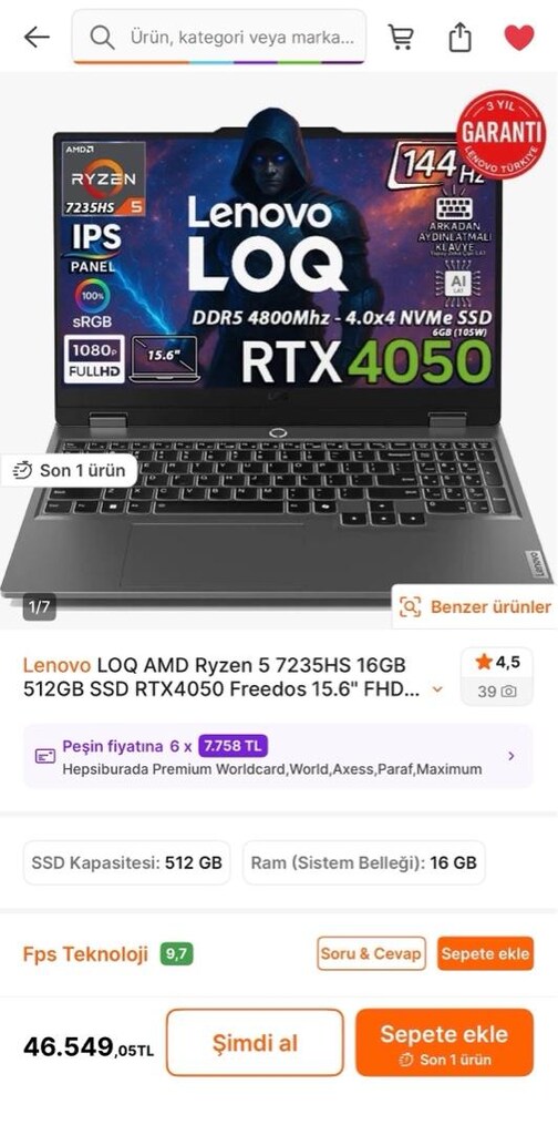 0 dan farksız LENOVO LOQ RTX 4050 li - 6