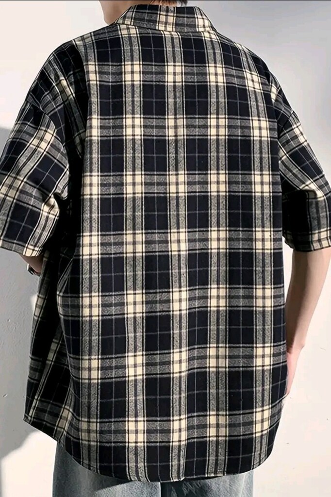 Erkek Casual Plaid Kısa Kollu Gömlek pamuk - Siyah ve Beyaz Çizgili De - 2