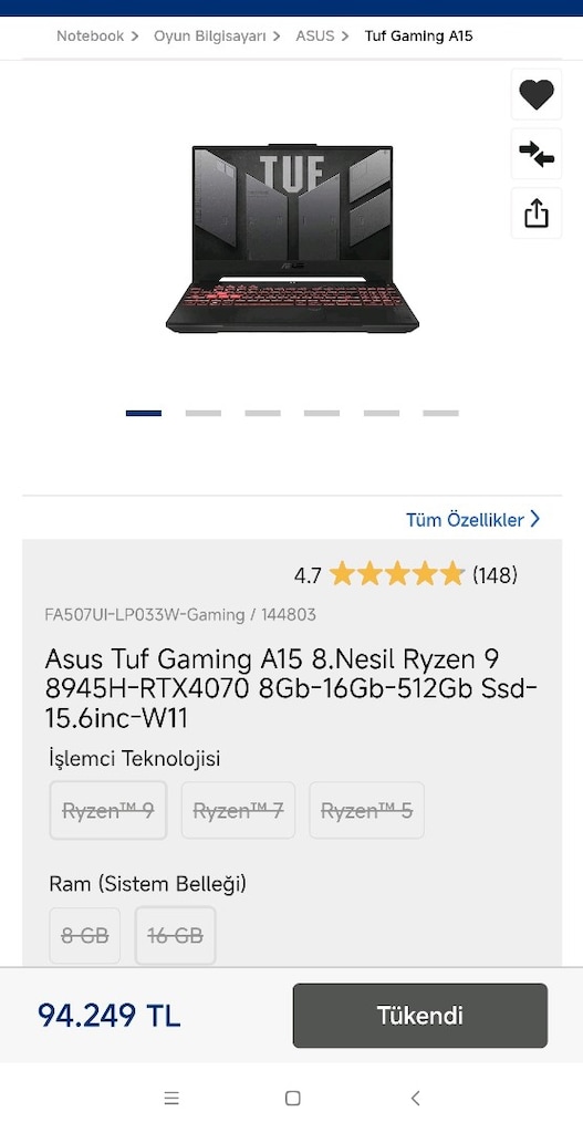 Asus Tuf A15 Ryzen 9 4070 8 gb Oyuncu Laptopu - 9