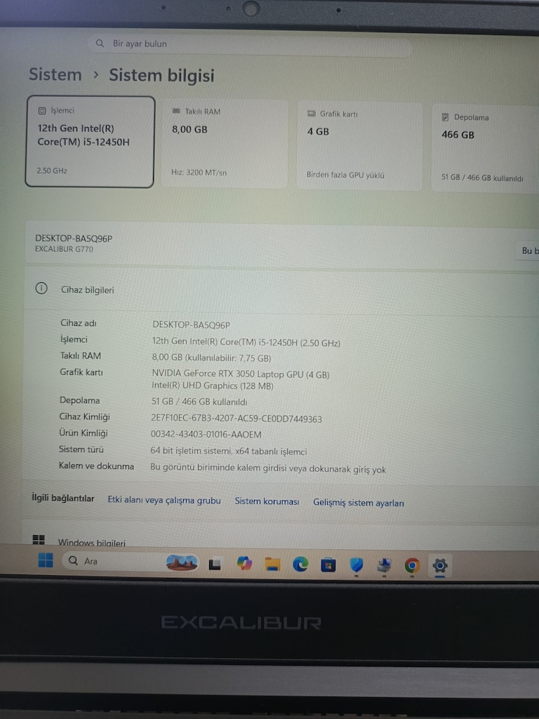 EXCALİBUR G770 GAMİNG İ5 12450H İŞLEMCİ + 3050 4GB EKRAN KARTI - 4