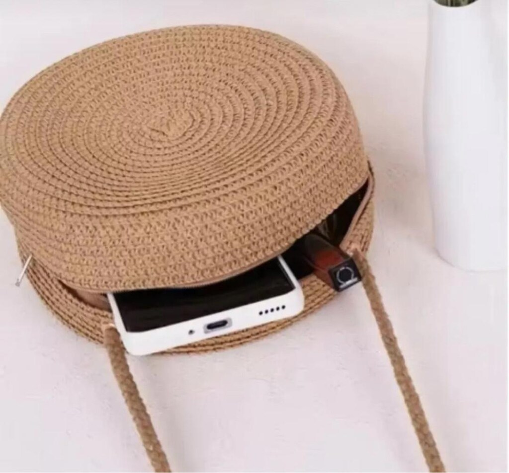 El Yapımı Hasır Çanta Yuvarlak Yaz Plaj Dokuma Omuz Çantası 12x12 cm - 4