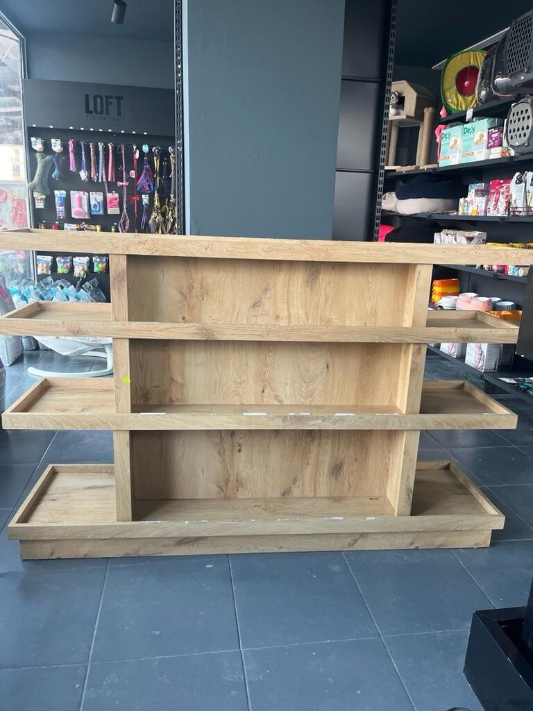 AHŞAP STAND TEMİZ 1.71 en raf derinlikleri 45,41,35,30 cm boy 108 - 2