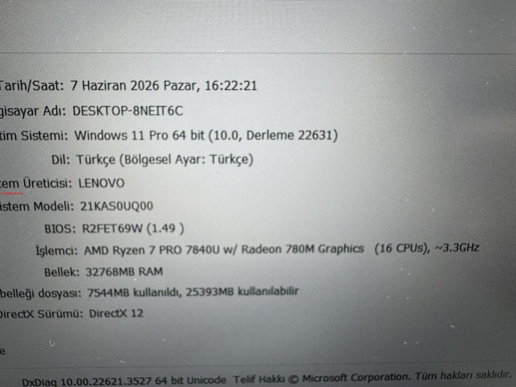 THİNKPAD P16S RYZEN 7 PRO 32 GB RAM 512 NVME - 5