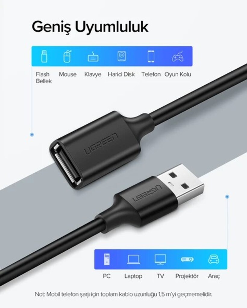 UGREEN USB 2.0 Uzatma Kablosu Siyah 1.5 Metre - 4
