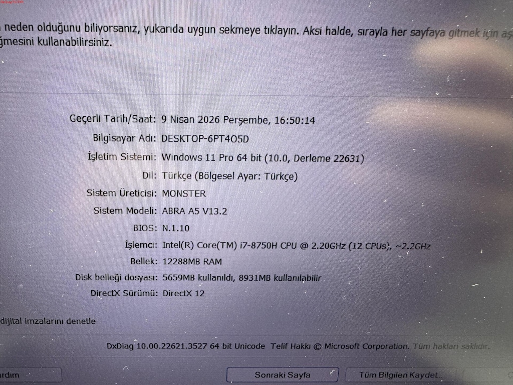 MONSTER ABRA i7 8. NESİL 12 GB RAM 512 NVME GTX 1050 - 7