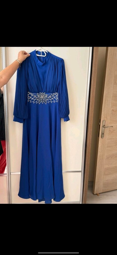 SAKS MAVİSİ TAŞ İŞLEMELİ ABİYE