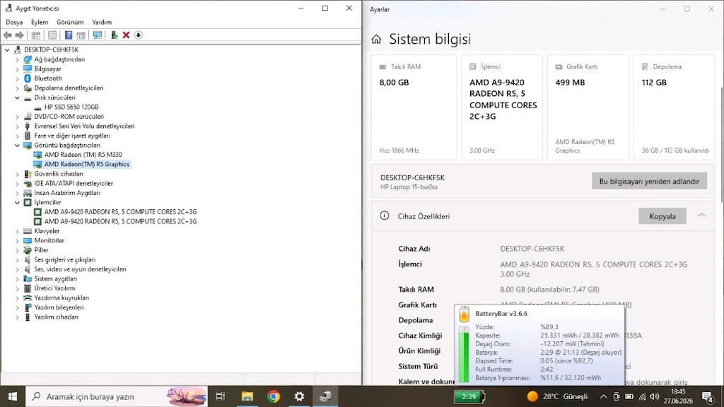 Sağlam Bataryalı HP Laptop - AMD İşlemci - 8 GB Ram + SSD - 4