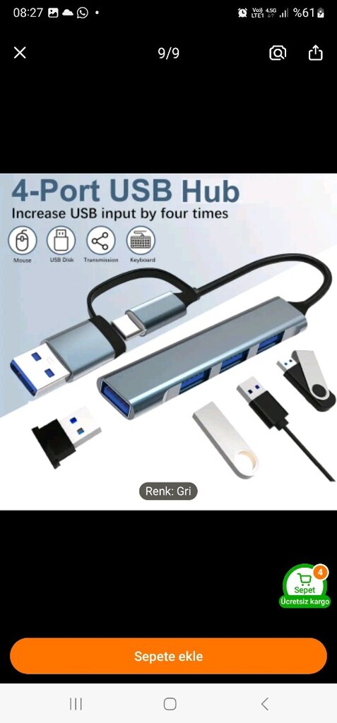 4 in 1 USB ve Type C giriş Çoklayıcı. Sıfır kutusunda yurt dışı - 16