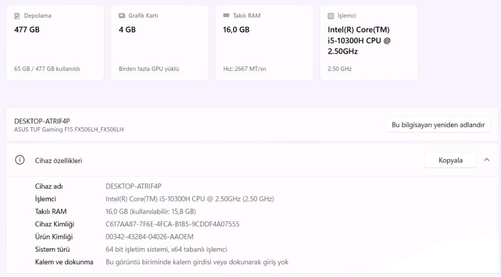 i5 10. Nesil Asus TuF G@ming 16 GB RAM tam bir oyun canavarı laptop - 8