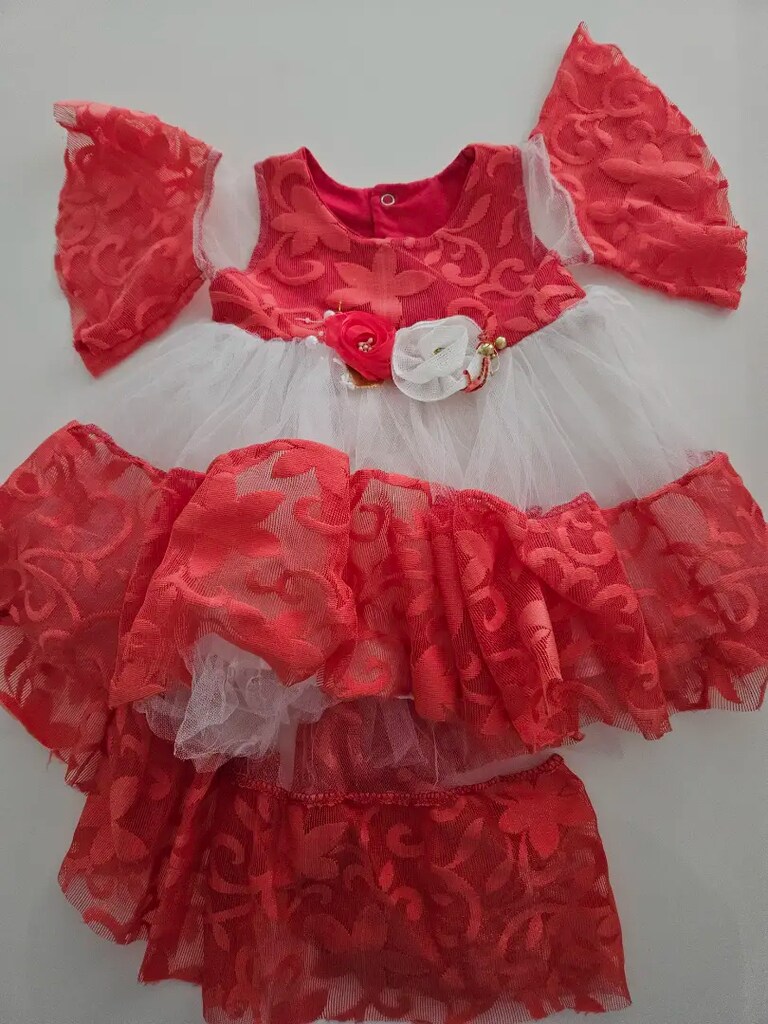 Kız Tüllü Kırmızı Beyaz Gül Tül Elbise