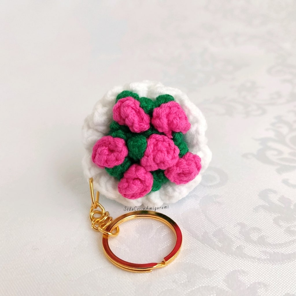 Örgü Çiçek Buketi Anahtarlık Amigurumi Solmayan Çiçek Çanta Süsü - 6