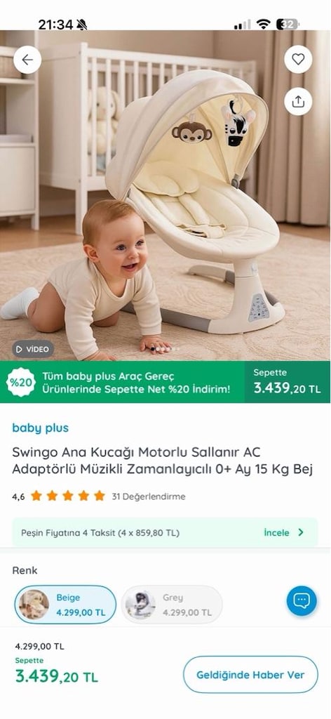 ana kucağı sallanan ayarlanabilir müzikli beşik krem renkli - 2