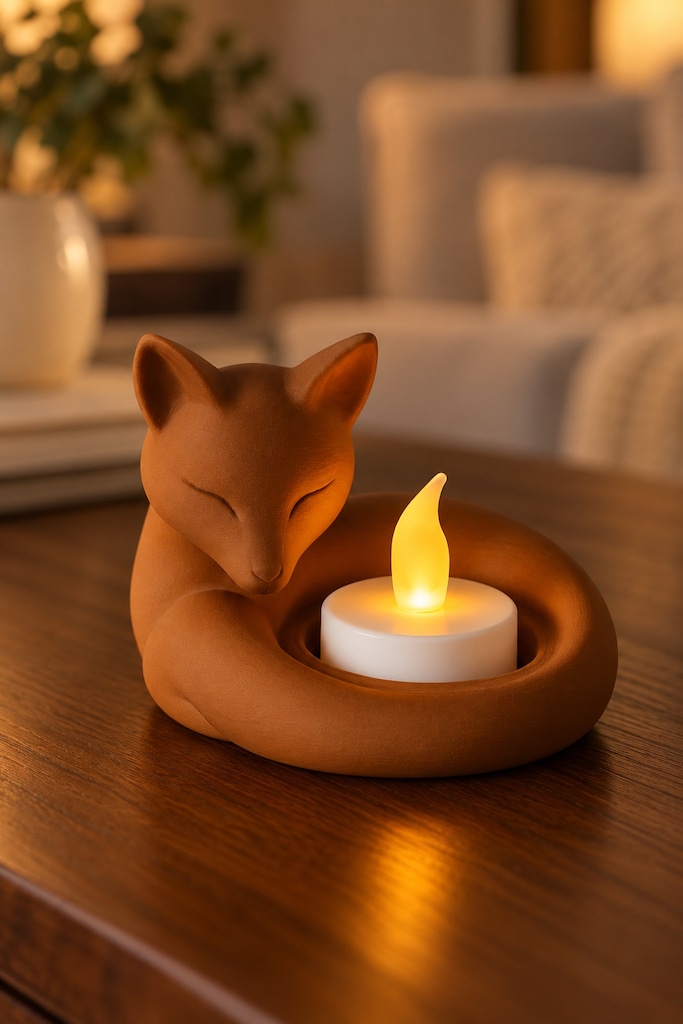 Kahverengi Uyuyan Tilki Figürlü Dekoratif Mumluk - Pilli LED Tealight - 2