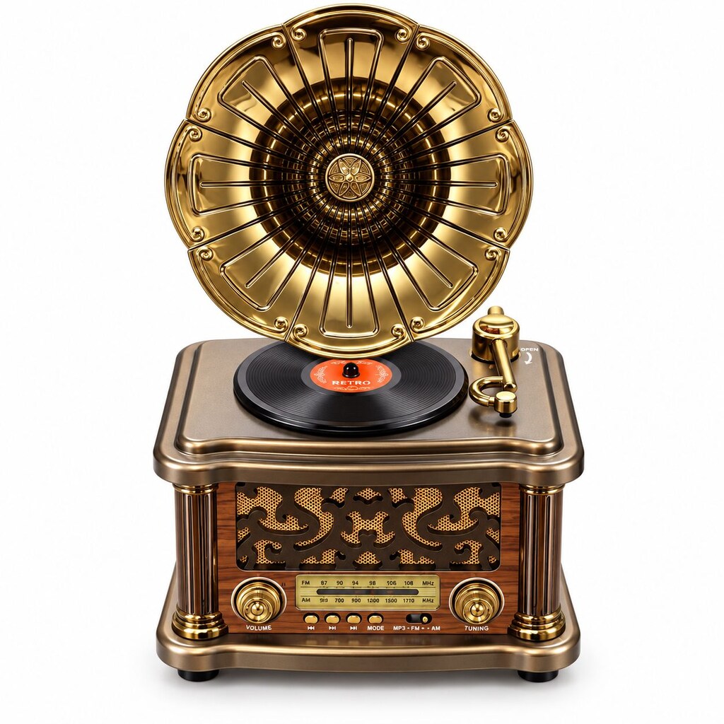 Büyük Boy Retro Gramofon Tasarımlı Bluetooth Hoparlör ve 3 Bant Radyo - 6