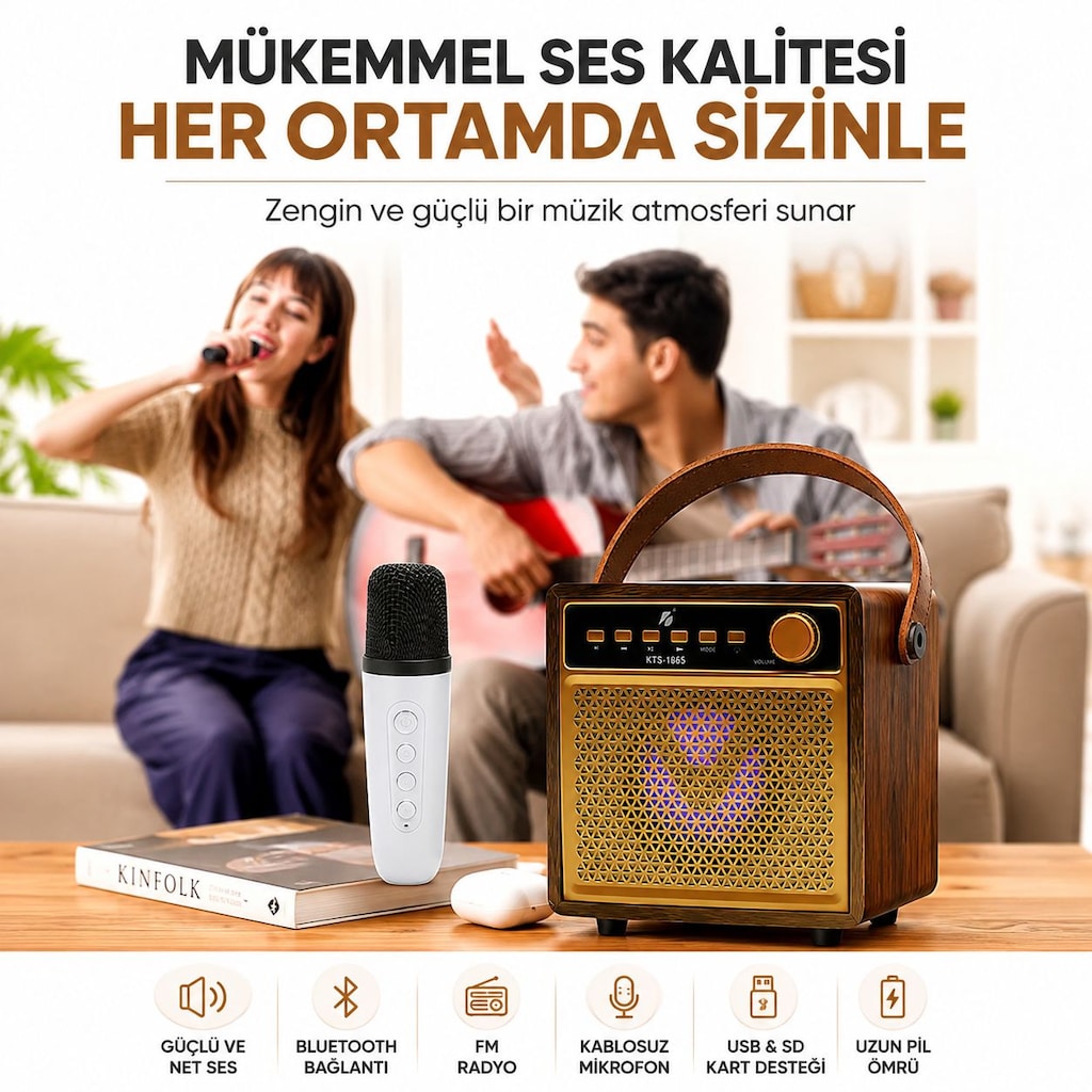 ULTRATEKNO KTS-1865 Ahşap Bluetooth Karaoke Hoparlör Kablosuz Mikrofon - 10
