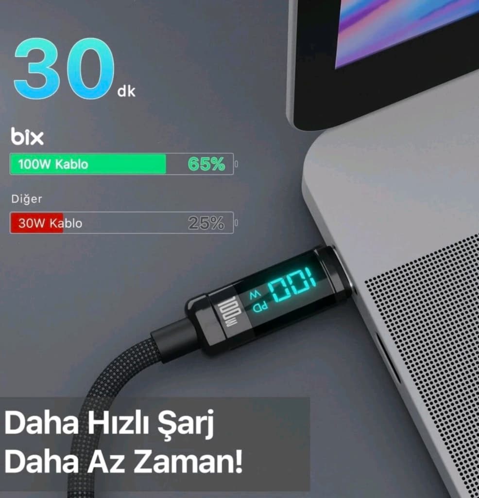 Bix Type-c To Type-c 100w 480mbps E-marker Çipli Led Dijital Ekranlı - 4