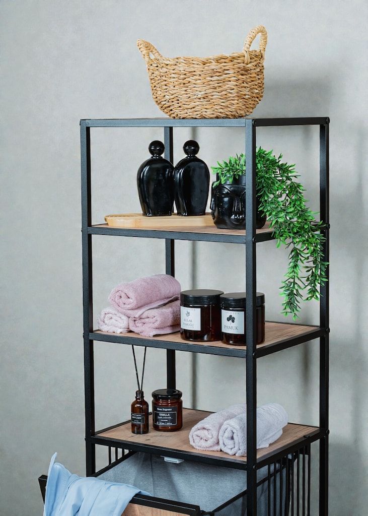 KİRLİ SEPETLİ BANYO DOLABI AHŞAP RAFLI METAL GÖVDELİ 4 RAFLI ORGANİZER - 7