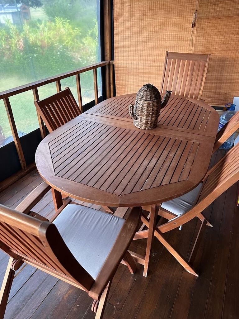 “Masif Ahşap Bahçe/Balkon Yemek Takımı – Açılır Oval Masa + 5 sandelye