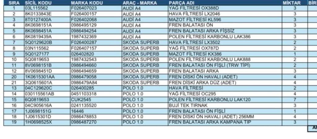 Skoda Superb - Audi A4 - VW Polo Bakım Yedek Parçaları - 2