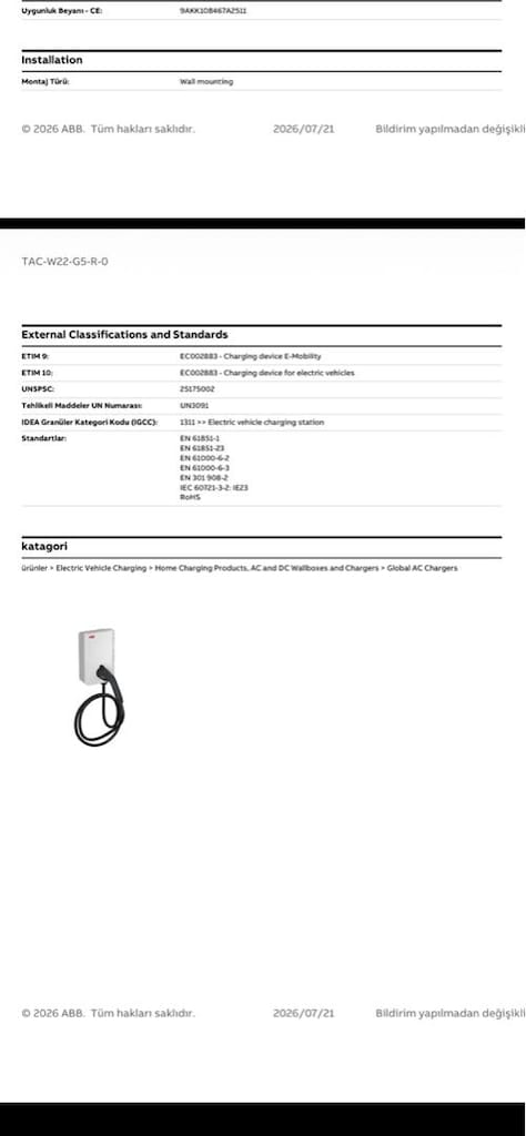 ABB 22kW Terra AC Duvar Tipi Kablolu (5mt) - Tip 2 Soket - RFID özelli - 5