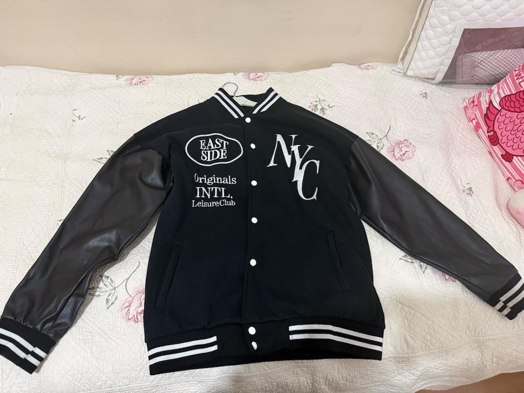 Siyah Deri Kollu Letterman College Ceket - 4