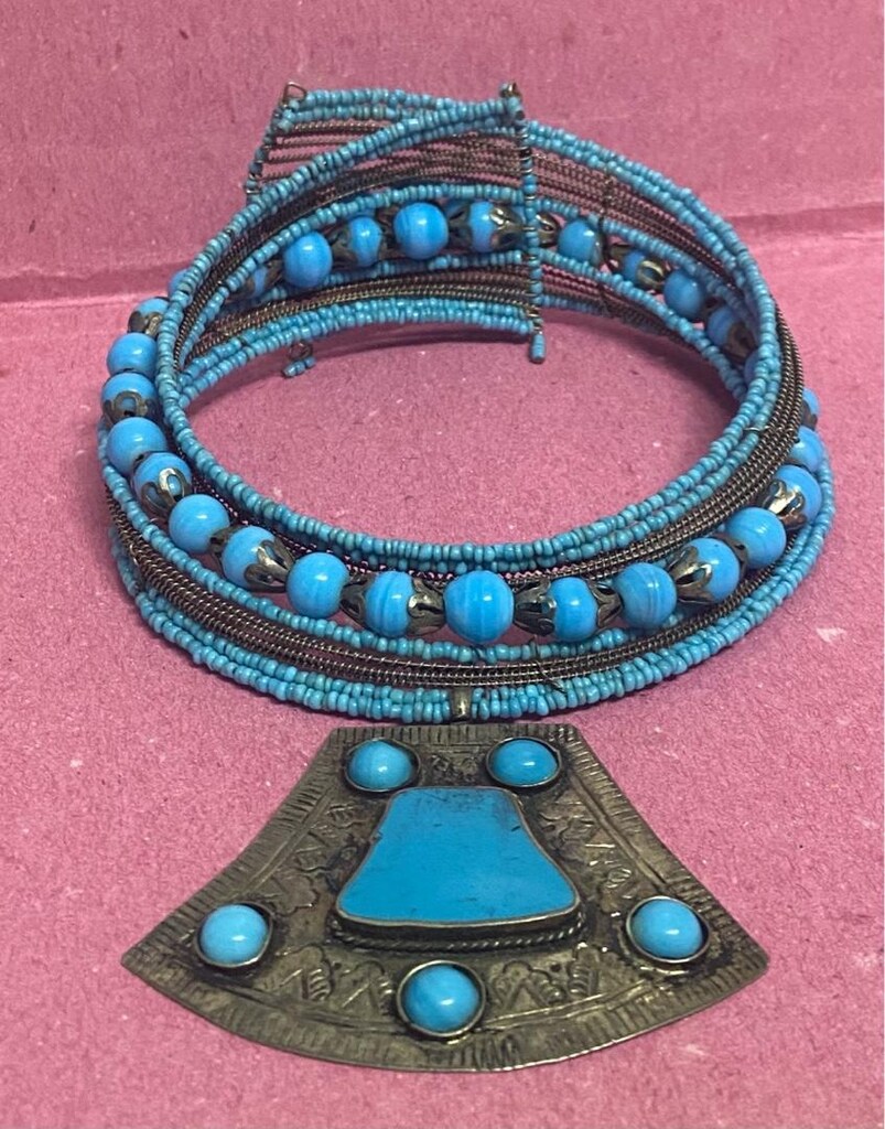 Vintage El İşçiliği Mavi Cam Boncuklu Choker ( Tasma ) Kolye - 11