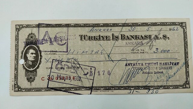İŞ BANKASI ANKARA ŞUBESİ MAYIS 1962 YILINA AİT OLDUKÇA ESKİ ENDER ÇEK
