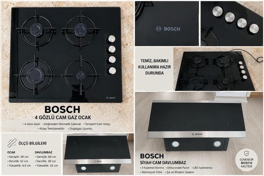 Bosch Ankastre Set | Siyah Cam Ocak + Cam Davlumbaz | Çok Temiz