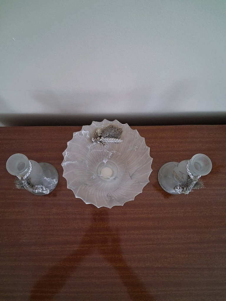 Antika Buzlu cam dekoratif Kase + 2 adet Şamdan Mumluk /Bostanlı-İZMİR - 3