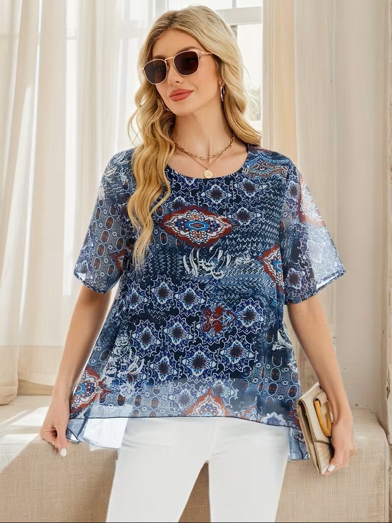 B092 Desenli Kısa Kollu Şifon Bluz - 3