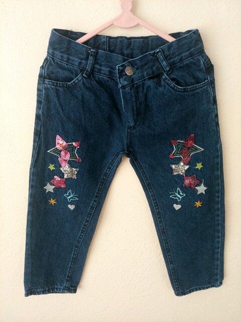 Pullu-nakışlı kız çocuk Jean pantolon