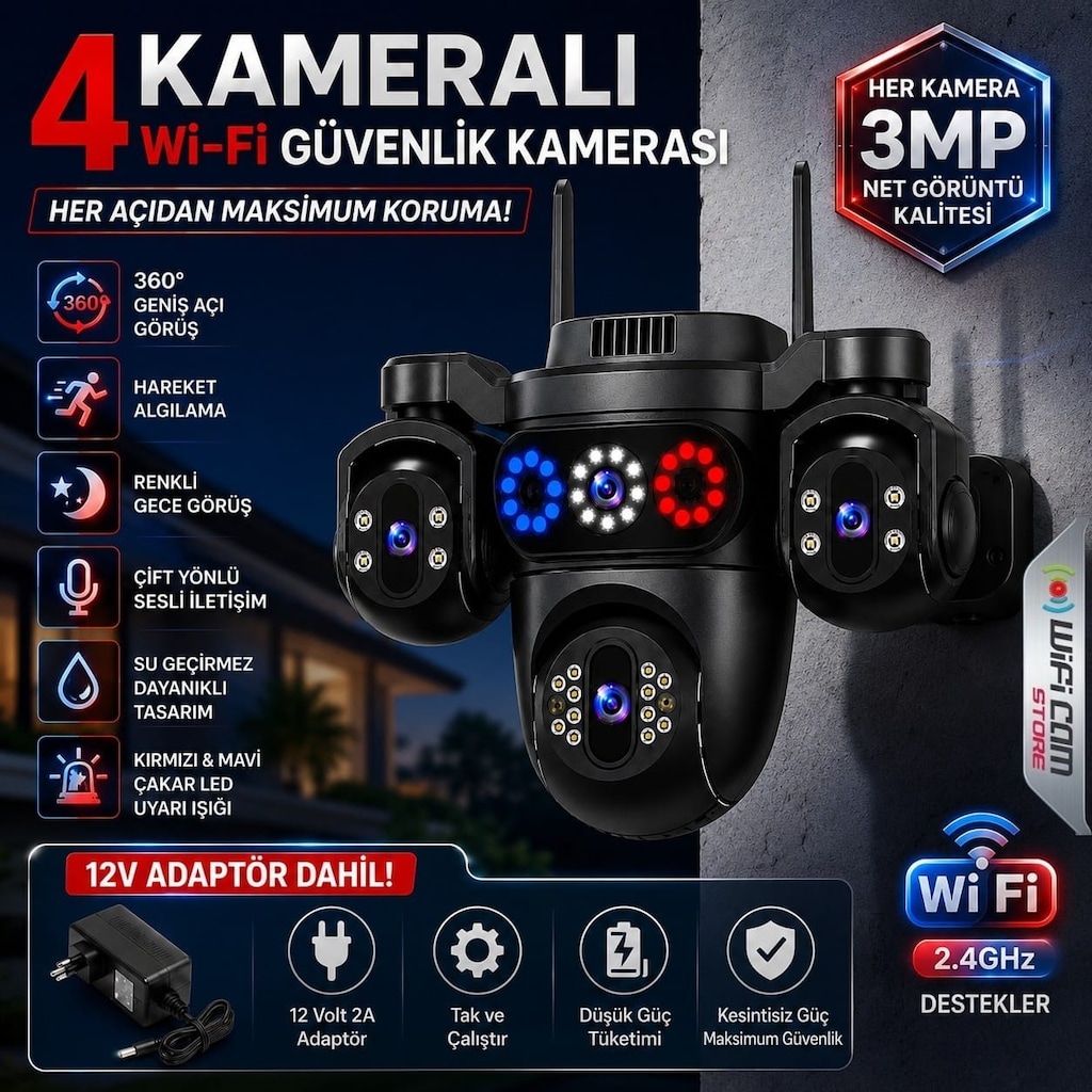 4 Kameralı Çakarlı PTZ Wİfi Kamera Hieasy Yazılım - 3