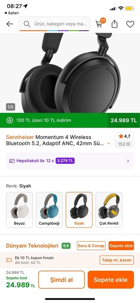 KAPALI KUTU• SIFIR• SENNHEİSER MOMENTUM 4 WİRELESS KULAK ÜSTÜ KULAKLIK - 3