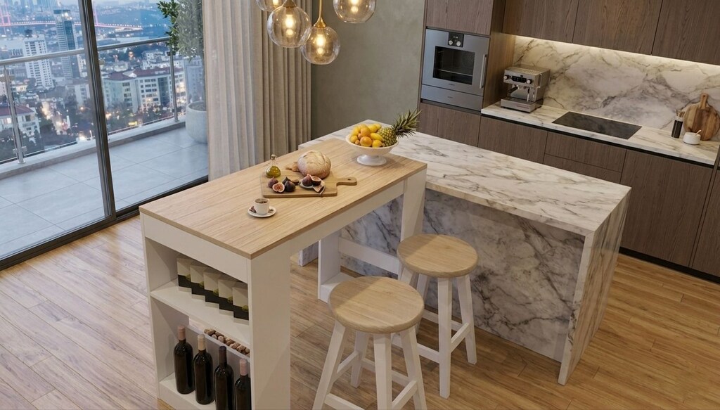 Sıfır , %100 MDF , Bar Masası / Çok Amaçlı Raflı Mutfak Masası - Beyaz - 2