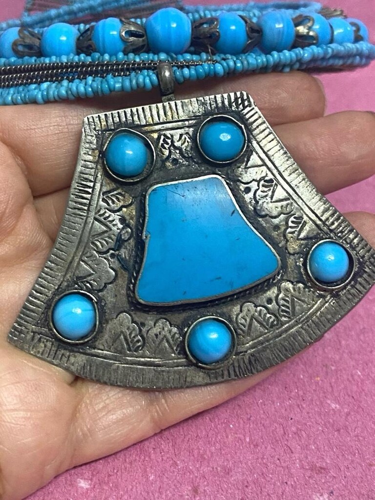Vintage El İşçiliği Mavi Cam Boncuklu Choker ( Tasma ) Kolye - 4