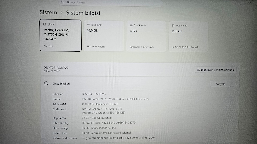 Monster İ7 9.Nesil 16 GB DDR4 Ram 256 GB M2 SSD 4 GB GTX 1650 - 9