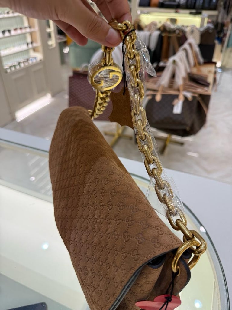 Gucci GG Monogram Süet Taba Omuz Çantası - 4