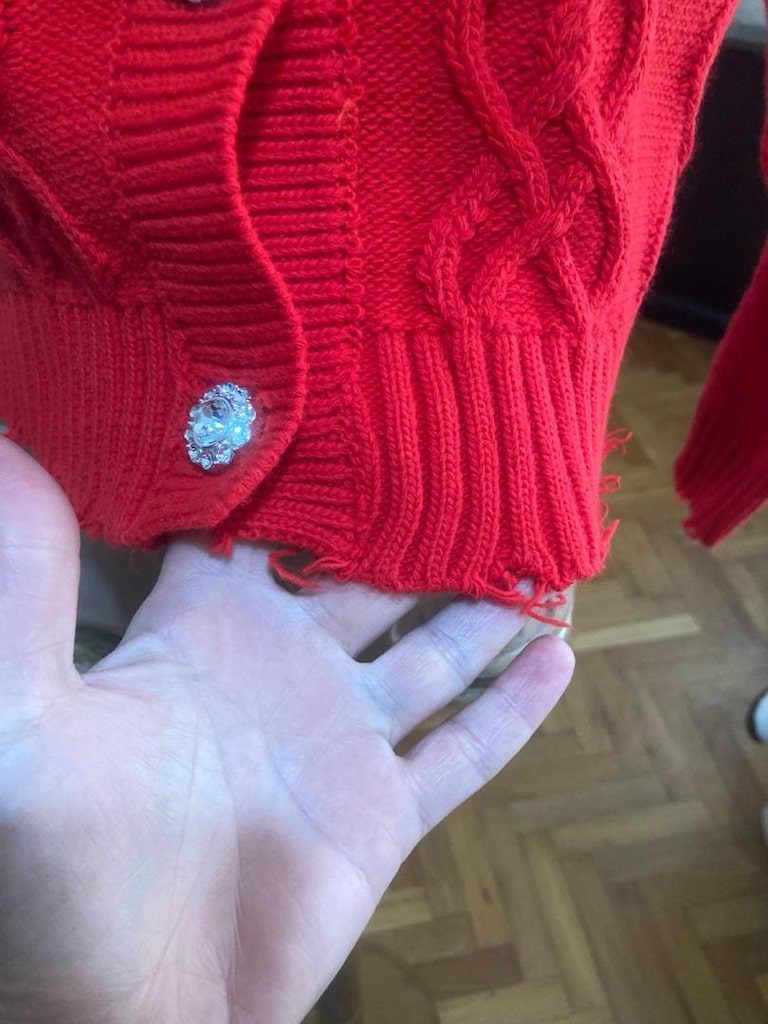 y2k Kırmızı Taş Düğmeli Yırtıklı Crop Hırka - 6