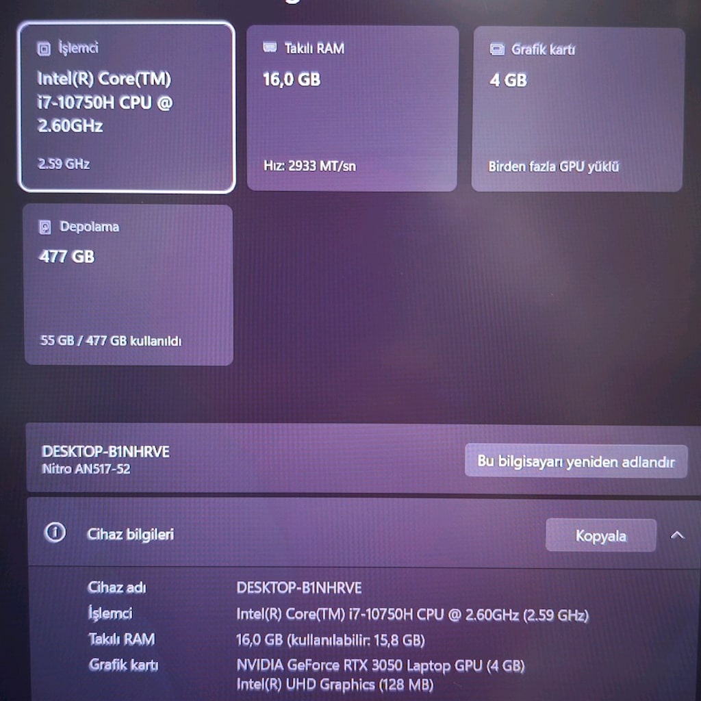 ACER GAMİNG / RTX3050 / 144 HZ / 16 RAM / 500 SSD / 17.3" BÜYÜK EKRAN - 8