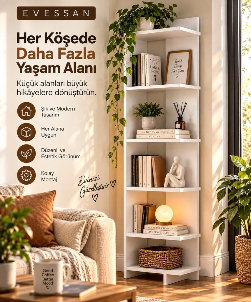 Evessan 5 Raflı Köşe Kitaplık – Dar ve Dekoratif Kitaplık – Çok Amaçlı - 2
