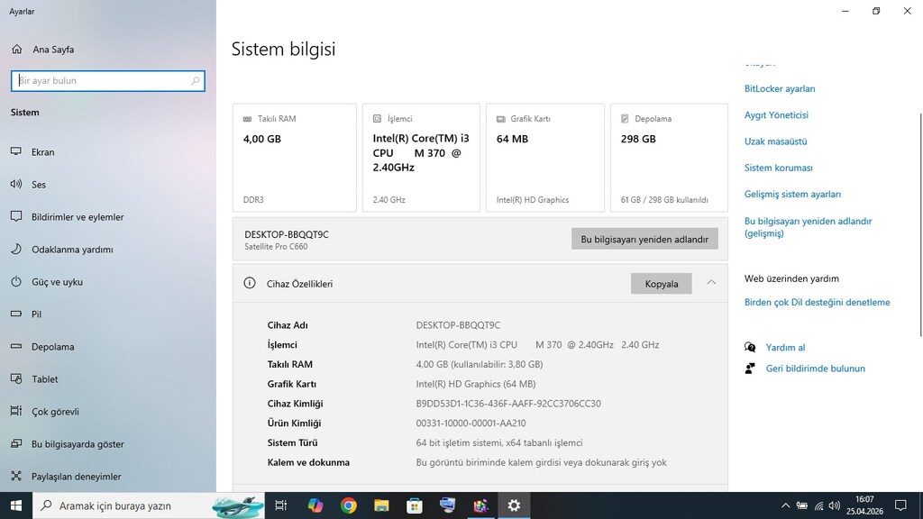 Toshiba i3 CPU - 4Gb Ram - 320Gb Hdd Dizüstü Bilgisayar - 4