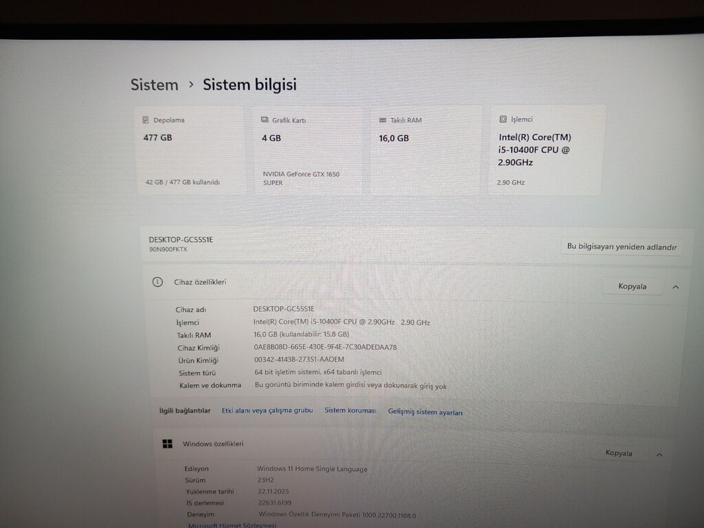 Lenovo Oyun PC i5 10. Nes 16 GB Ram 512 Ssd 1650S Ek. 23.6 Mon. - 4