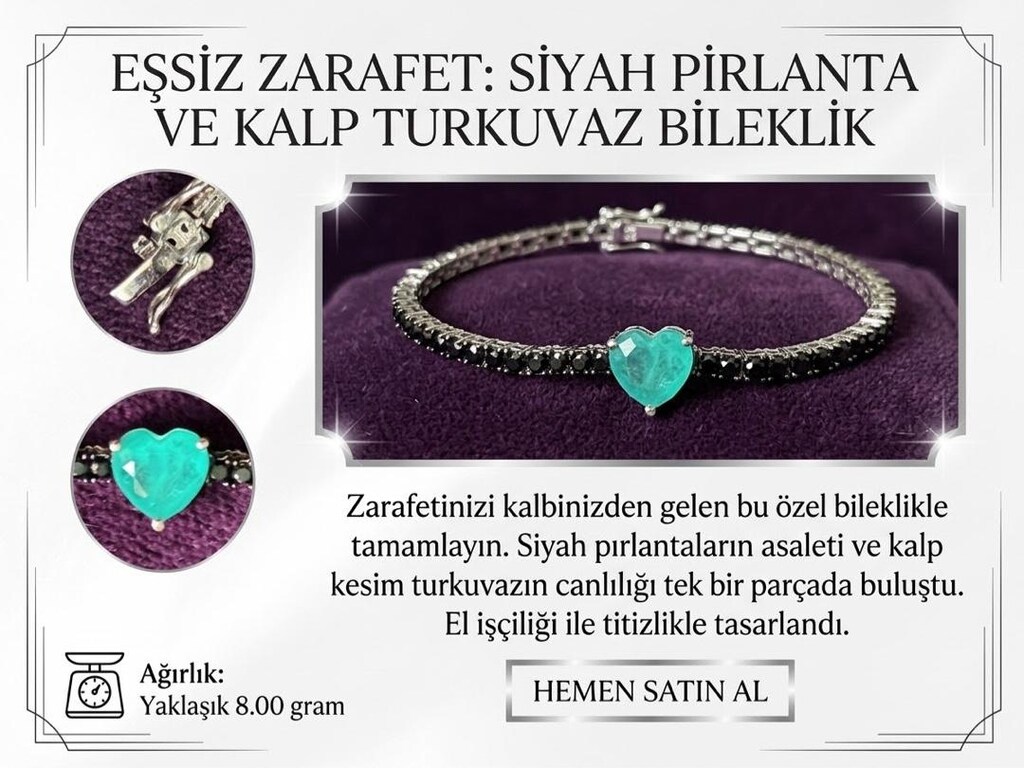 Kalp Kesim Turkuaz Taşlı & Siyah Taşlı Özel Tasarım 925 bilekli (8 gr)
